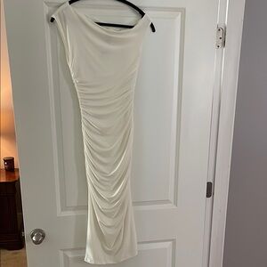 Windsor Cream Asymmetrical Ruched Midi Dress
